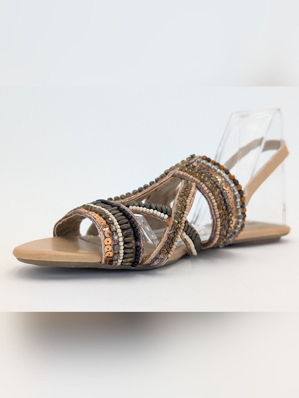 Kenneth Cole Reaction Sz 7.5M Bronze/Taupe With Beads/Sequin & Criss-Cross Strap - Picture 5 of 17